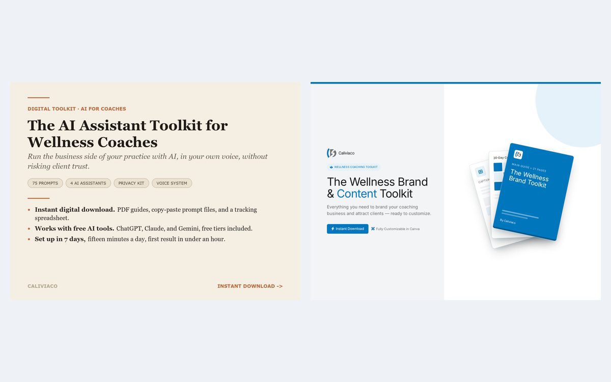 The two toolkit covers side by side: The AI Assistant Toolkit and The Wellness Brand and Content Toolkit