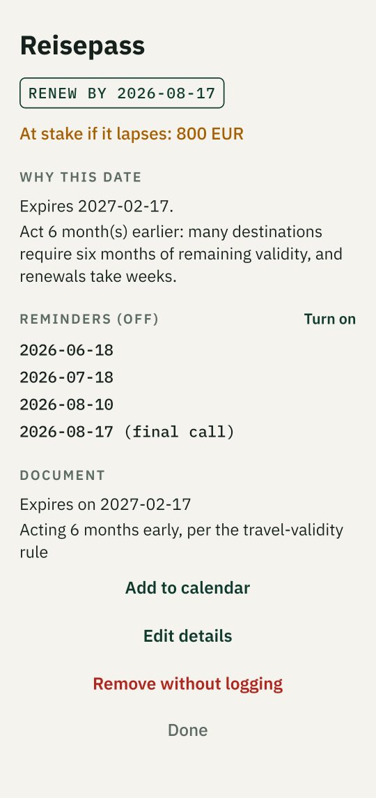 A passport deadline explaining why the date was chosen, with a schedule of reminders