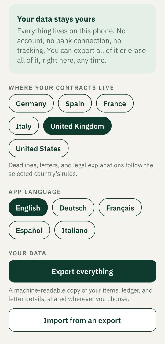 Settings: data stays on the phone, with country and language selection and full export
