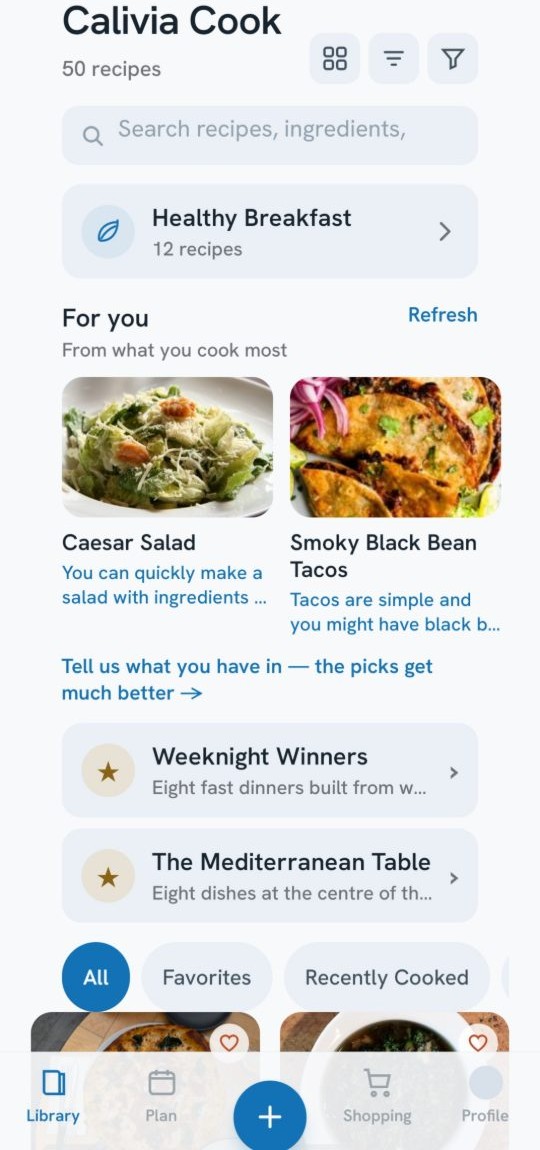 Calivia Cook library screen with search, collections and personalised picks