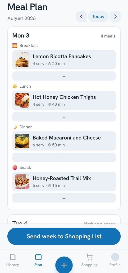 Calivia Cook meal plan screen showing a week of meals
