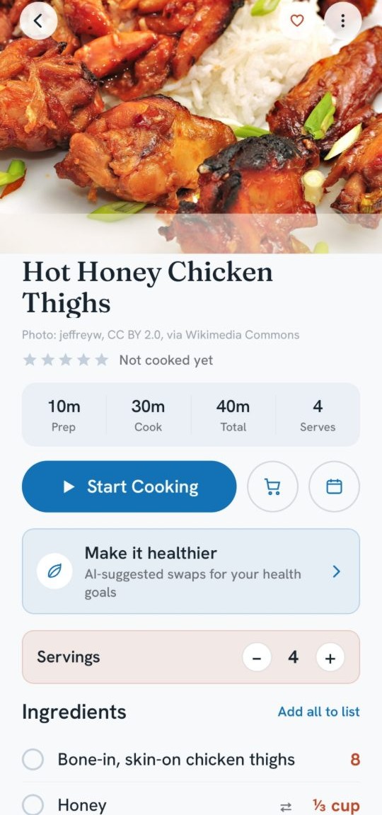 A recipe screen with timings, servings and a start-cooking action