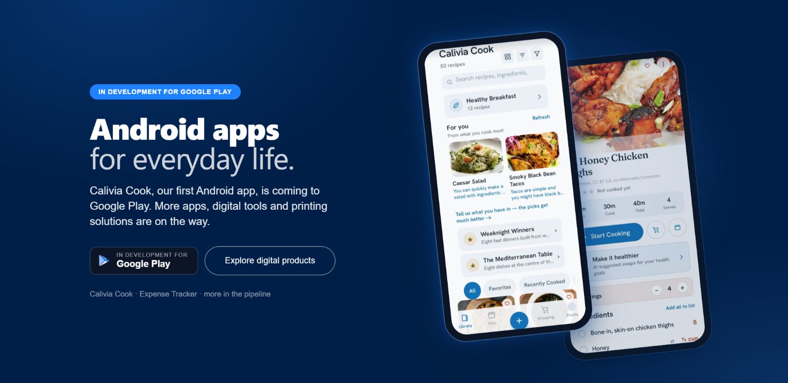 Product and app sections of caliviadigital.com